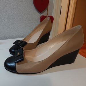 Cole Haan Elsie Bow Tan Beige Black Leather Wedge